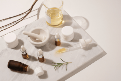 Various serums, flasks and oils